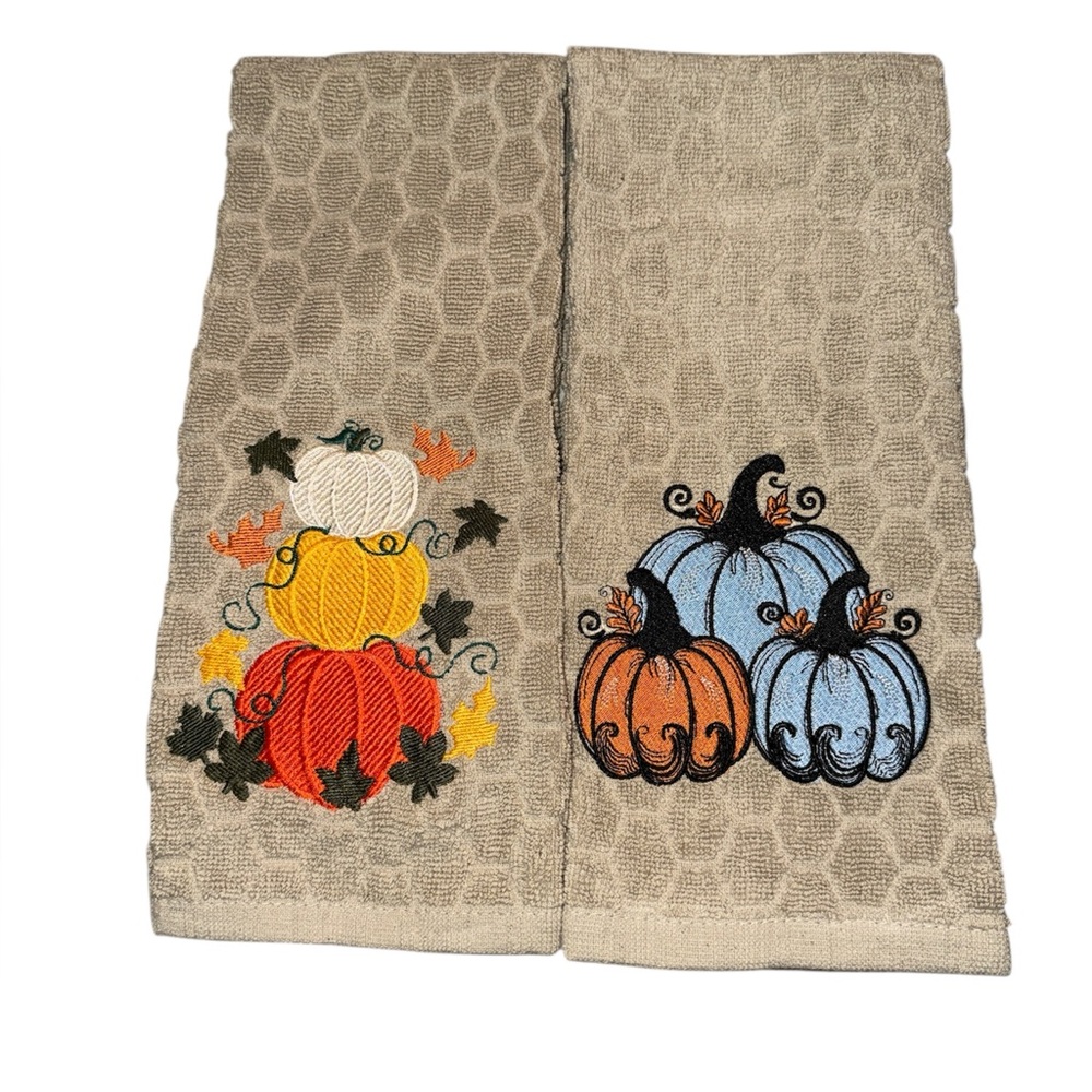 Fall/Autumn pumpkins embroidered kitchen towel set
